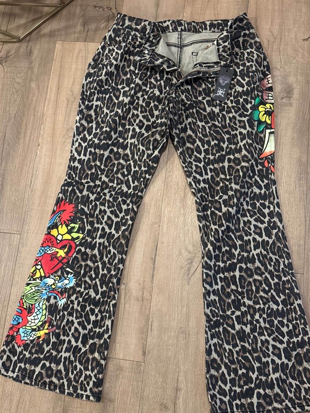 Women’s Ed Hardy Leopard Print Flare Pants with Colorful Dragon Patch